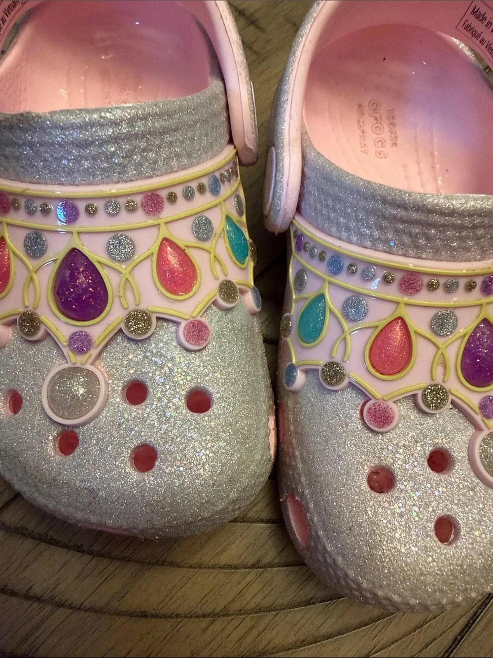 CROCS Kids Glitter Jewel Clogs in Pink, Silver & Multi